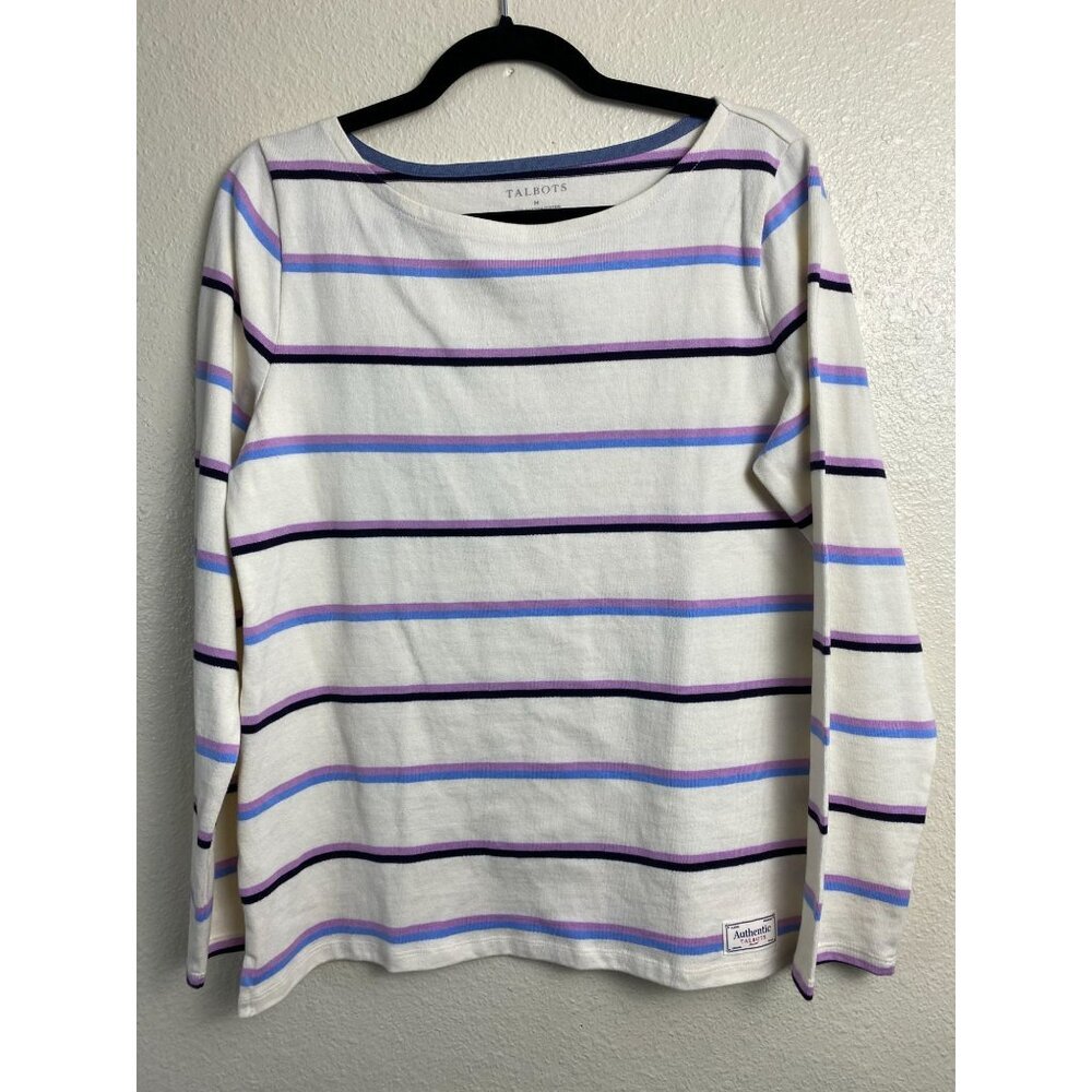Talbots Women Long sleeve Stripe Boatneck Top Size Medium Nautical Sailor Cotton